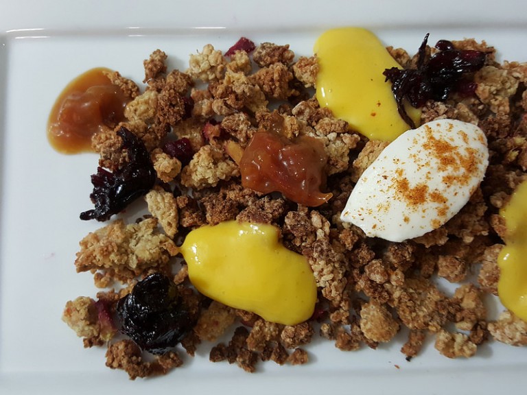 Deconstructed: Tigernut Crumble with Mango Cream & Candied Zobo Flowers