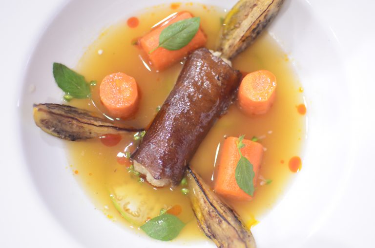 Nigerian ‘Concept’ Dish: Dry Fish Skin & Yam Cannelloni with Peppersoup Consomme